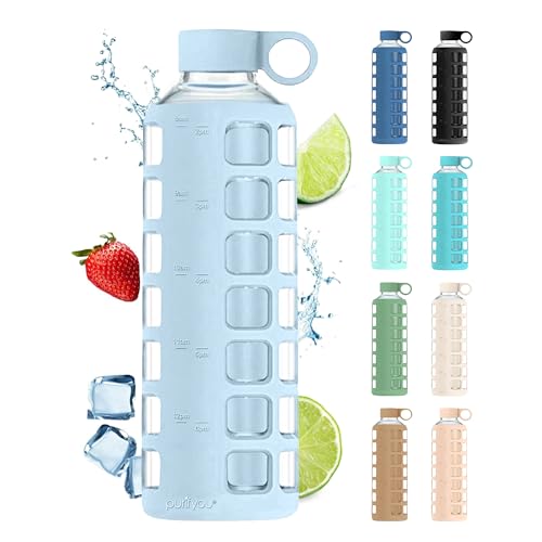 Image of purifyou 40oz / 32oz / 22oz / 12oz Borosilicate Glass Water Bottle with Time & Volume Markers, Silicone Sleeve, Stainless Steel Lid | Reusable Glass Bottle for Water & Juice (40oz Ice Blue)