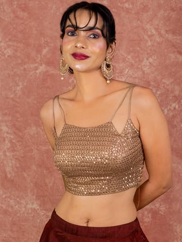 Image of FIGURE'S DESIGNER Women's Spagehtti Neck Strap Sequin Embroidered Sleeveless Readymade Saree Blouse E22