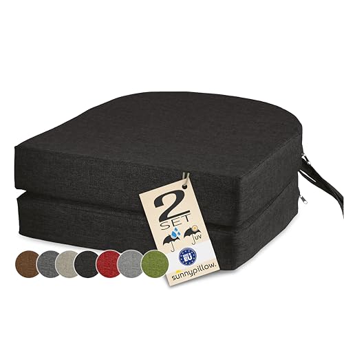 sunnypillow 2er Set Stuhlkissen Outdoor, wasserdicht UV-lichtecht 40 x 40 x 7cm dick - Polsterauflage mit Bändern - Auflage für Stühle,Bänke - Sitzkissen Stuhlauflage für Haus und Garten - Schwarz