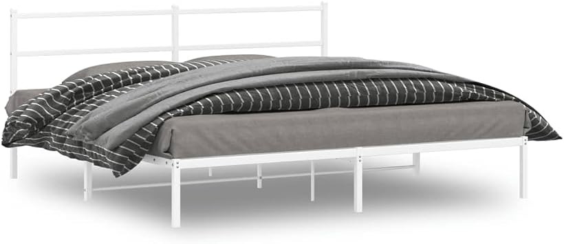 Modern White Metal Bed Frame with Headboard, Minimalist Steel Platform Bed with Under-Bed Storage, Durable Powder-Coated Design for Adults and Guest Rooms