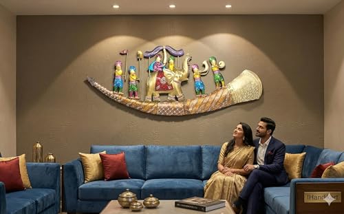 Image of Metal Wall Art for Living Room | Rajasthani Elephant Wall Decor | Handcrafted Iron Wall Hanging | Traditional Indian Home Decoration | Colorful Royal Procession Wall Art with LED Backlight (44*19inch)