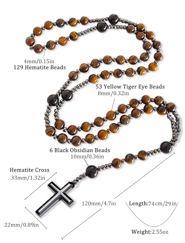 FISYOURS Rosary Necklace for Men,Natural Stone Cross Necklaces,Handmade Catholic Rosary Beads with Yellow Tiger Eye, Obsidian & Hematite for Prayer and Meditation,29Inches,Gift — view 2