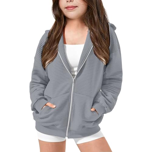 Soft Fleece Ribbed Hoodies for Teen Girls Plain Zip up Hoodie Sweatshirts with Pockets Loose Warm Fall Jacket Kids