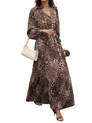 SweatyRocks Leo Kleid Damen Langarm Maxikleid Leoparden Kleid Lang Blusenkleid Mit Knöpfen Winterkleider Herbstkleid Elegante Kleider Leoparden XL
