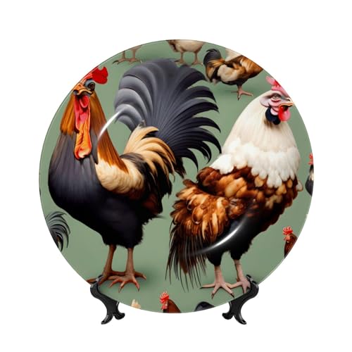 POEZJZW Assiettes décoratives motif coq et poule - Décoration pour la maison et le bureau - 1 assiette et 1 présentoir de 15,2 cm