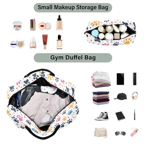 Colorful Paw Print Polka Dot Large Travel Duffle Bag Weekender Overnight Bags Gym Yoga Bag for Women Men with Toiletry Bag4
