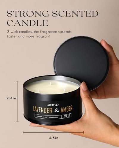 Image of AOOVOO Lavender Amber Candles for Men - 3 Wick 12oz Black Scented Candle | Long Lasting Soy Candles for Home Scented, Masculine Candle Gift for Father Day, Women & Men, Non Toxic, Large