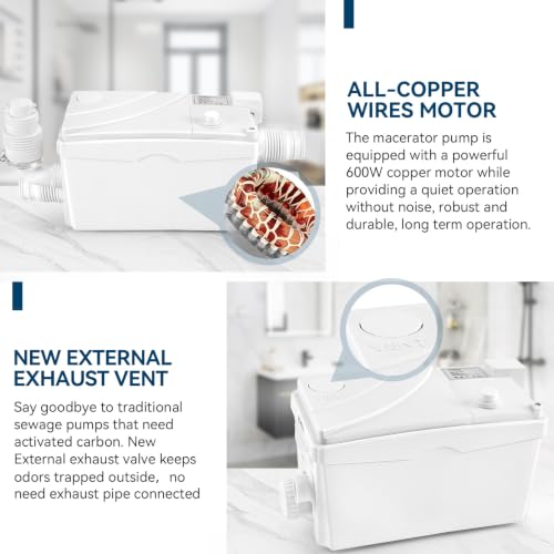 Image of 600W Utility Sink Pump with PCB Function Upgrade Structure Upflush to 25FT 1700GPH Under Sink Pump with 3 Water Inlets 1 Outlet Macerating Toilet System for Sink Shower Urinal Kitchen Basement