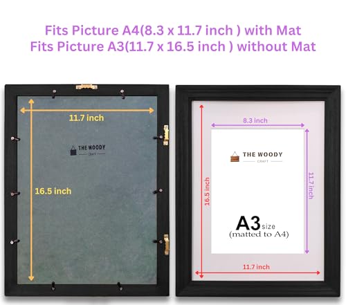 Image of A4 Size Wooden Photo Frame with Mat, Black Photo Frame for Wall Decoration, Home Decor for Wall Hanging, Best Wooden Photo Frame for Posters and Photos (A3 Size Matted to A4 Size)