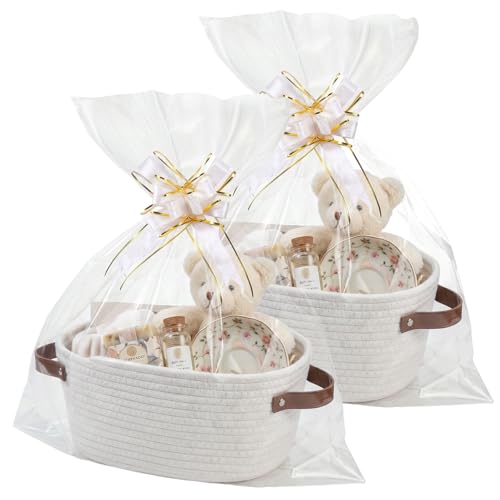 Image of Hamper Baskets for Gifts Empty 2 Pack - Cotton Rope Storage Basket with Reinforced Shape, Woven Empty Gift Basket Hamper Kit for Baby Shower, Wedding, Nursery Toy Organizer, 12x8x5 Inches, White