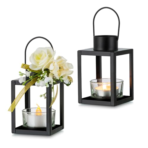 Mini Lantern Decorative Tealight Candle Holder – Set of 2 Romadedi Vintage Black Small Hanging Lanterns for Tea Light Candles Wedding Centrepieces Outdoor Christmas Halloween Decor