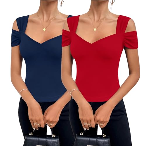 Image of Blingfit Cold Shoulder Tops Summer Tunic Shirts for Women T Shirts V Neck Short Sleeve Casual Tees Blouses 2026