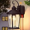 Slypadan Porch Lights with Outlet, 16.5" Large Dusk to Dawn Outdoor Wall Lights, Black Exterior Light Fixtures, Anti-Rust Waterproof Wall Sconce, Outside Light for House Garage Patio, Bronze
