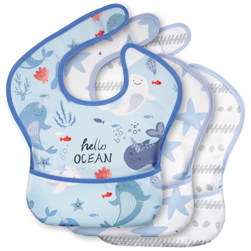 Image of CIVARUA KIDS 3-Pack Waterproof Baby Bibs for Eating - Mess Proof Lightweight Toddler Feeding Bibs with Large Food Catcher, Food-Grade Baby Eating Essentials, Easy to Put On & Clean(Light Blue Ocean)