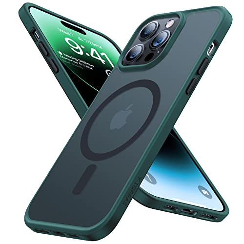 TORRAS Stronger Magnetic for iPhone 14 Pro Case, 12 FT Military Grade Drop Tested, Compatible with MagSafe, Slim Protective Matte Silicone for iPhone 14 Pro Phone Case, Translucent Back/Green Edge
