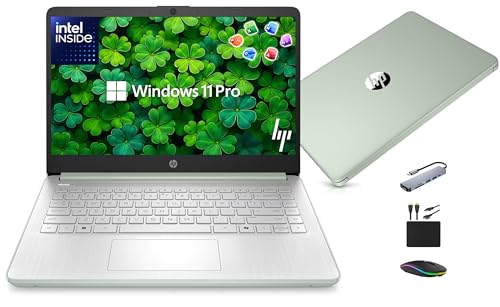 Image of HP 14 inch Laptop Ultra-Portable Computer 2026 Student Business, MS Office, Copilot AI, Intel 4-Core CPU, 4GB RAM, 628GB Storage (128GB UFS+500GB Ext), Long Battery, MaxsolAccessory, Win 11 Pro, Green