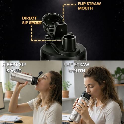 Image of Speedex Vacuum Insulated Stainless Steel Water Bottle 1 Litre (1000ml / 1L / 1 LTR) with 2-in-1 Lid (Straw & Spout), Hot & Cold Leakproof Thermosteel Travel Flask for Office, Gym & School (Silver)