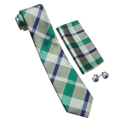 Image of Barry.Wang Plaid Ties for Men Silk Necktie Handkerchief Cuff Links Set