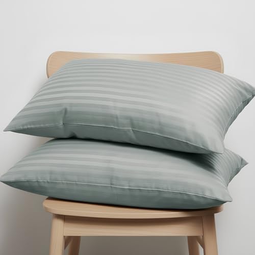 Image of Blue Dahlia 100% Cotton, Standard Size Pillow Covers (18 inch x 28 inch), Set of 2 Pillow Covers, Silky Smooth Feel, 300TC Self Striped Premium Pillow Covers,Colour: Grey