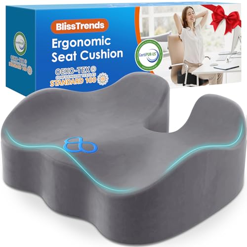 BlissTrends Seat Cushion,5.2in Thick Memory Foam Cushions for Office Chair, Car Seat, Airplane, Relieving Pressure Tailbone Sciatica Back Pain for Long Sitting Office Workers, Car Drivers LightGrey
