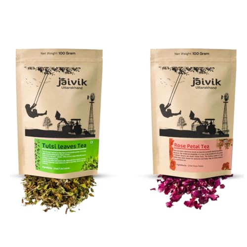 Image of Jaivik Uttarakhand - Aromatic Rose Petals and Tulsi Leaves Tea Combo, 100g Each, Unique Blend Crafted Loose Leaf for Chai Lovers across India, Pack of 2