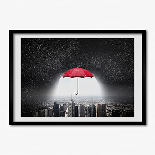 Cadre MDF Peinture Parapluie Sur La Ville 70x50 cm Tableau Moderne En Bois Décoratif