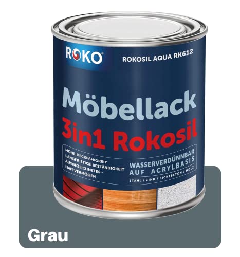 ROKO Möbellack - 0,7 Kg Grau - 3in1 Möbelfarbe auf Wasserbasis - Seidenmatt - Für Holz, Metall & Kunststoff