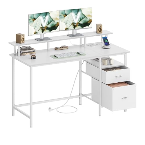 VASAGLE Escritorio, con Cajones de Tela, Mesa de Ordenador con Soporte para Pantalla, Regleta, 2 Puertos USB, para Oficina en Casa, 140 x 60 cm, Blanco Arce LWD094W01V1