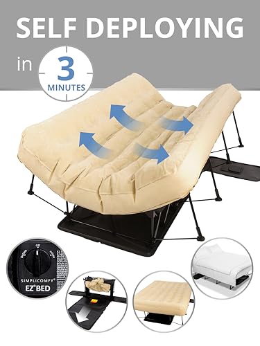 Simpli Comfy Queen EZ Bed Self-Inflating Air Mattress with Built-in Frame, Pump and Wheeled Case, Blow Up Inflatable Rolling Air Bed on Wheels