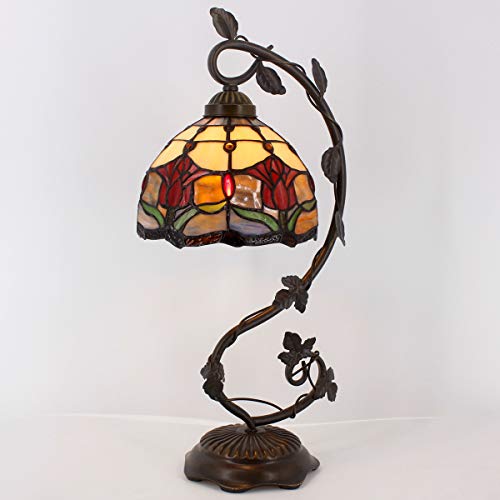 Werfactory Tiffany Lamp Red Stained Glass Tulip Table Lamp, Metal Leaf Base 8X10X21 Inches Reading Desk Light Decor Small Space Bedroom Home Office S030 Series #TOP3