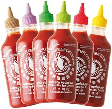 FLYING GOOSE Sriracha scharfe Chilisaucen Mischkarton in 6 Geschmacksrichtungen, Würzsaucen aus Thailand zum Würzen, Dippen und Verfeinern, 6 x 455ml Multipackung