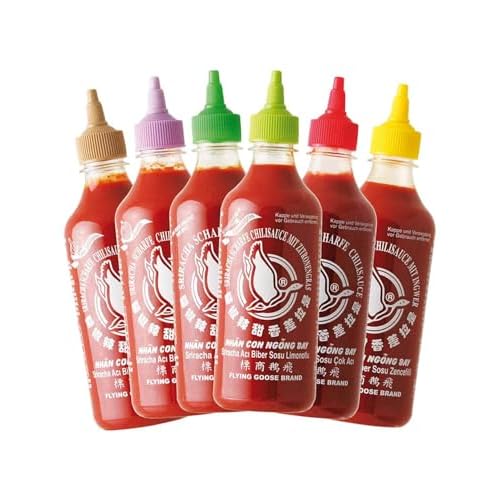 Flying Goose Sriracha scharfe Chilisaucen Mischkarton (in 6 Geschmacksrichtungen, Würzsaucen aus Thailand zum Würzen, Dippen und Verfeinern) 6er Pack (6 x 455ml)