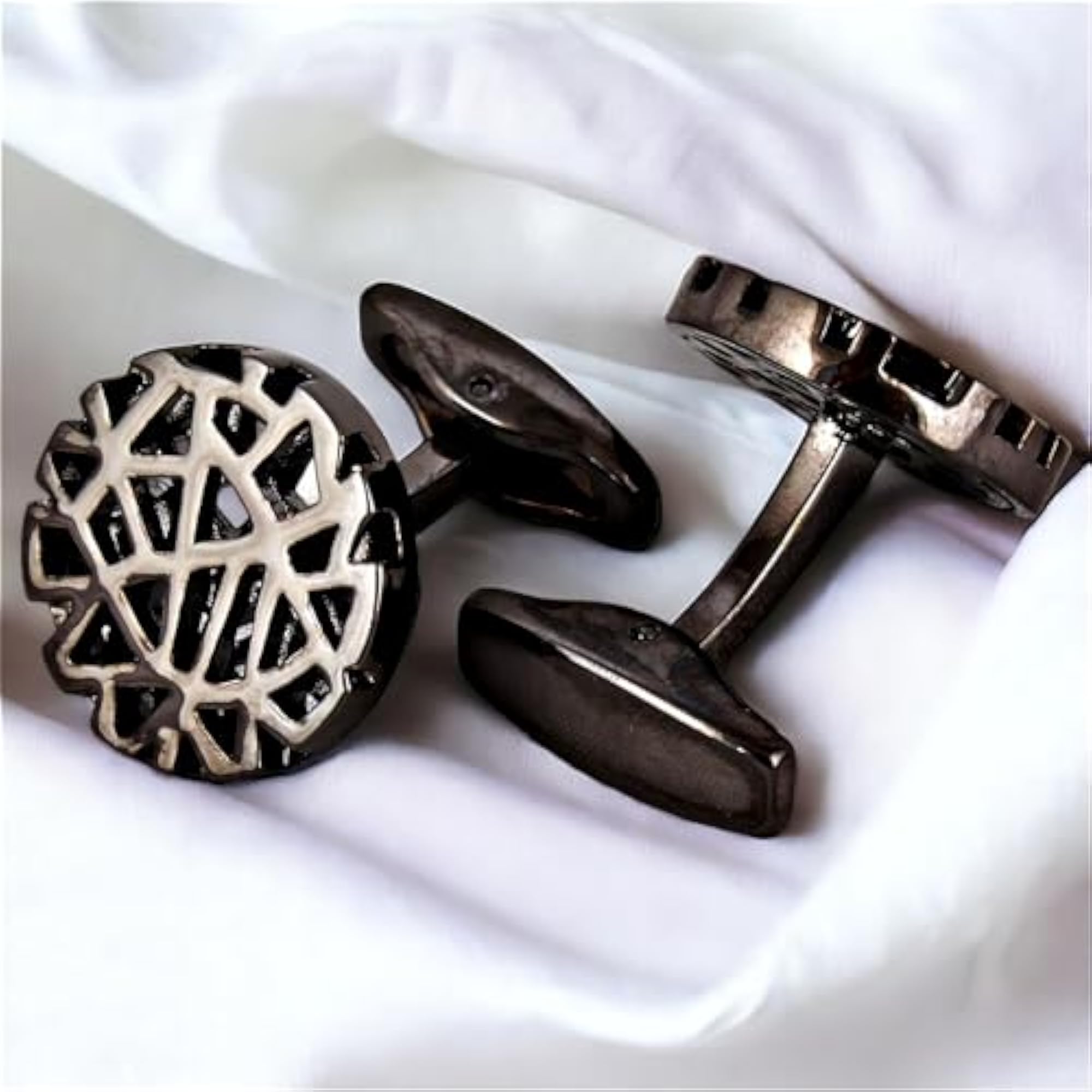 Unique Men's Black Metal Polish Round Cufflinks, Formal Wear
