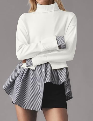 Image of MISSACTIVER Women Slit Turtleneck Patchwork Sweater 2 in 1 Buttons Down Pullover Knit Sweater Asymmetrical Hem Shirt Top