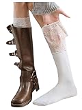 COZYEASE Women's 1 Pair Lace Patchwork Knee High Socks Cute Y2k Boots Socks Stockings White One-Size