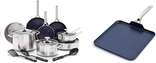 Blue Diamond Cookware - Juego de ollas y sartenes antiadherentes de cerámica de acero inoxidable de tres capas, 15 piezas, plateado y utensilios de