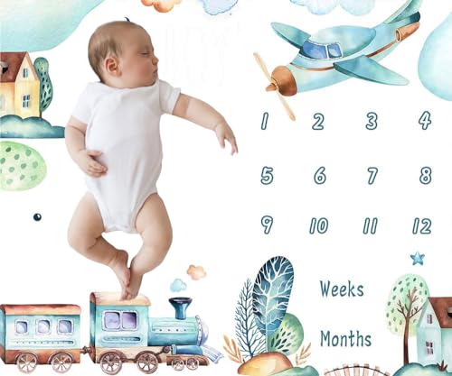 Image of Airplane and Train Monthly Milestone Blanket | 48x48in cotton Monthly Milestone Blanket, train airplane town design with butterfly frames for growth recording