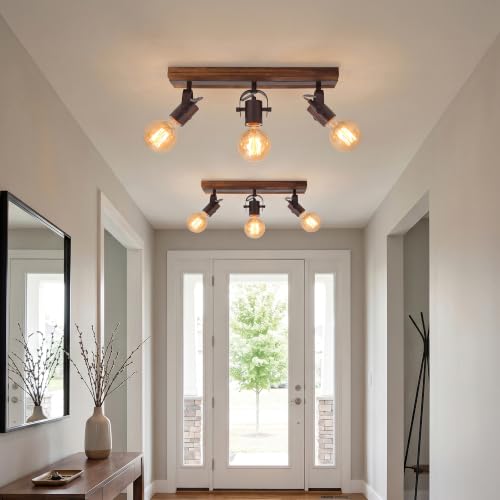 Image of 3-Light Farmhouse Track Lighting Fixture, Light Natural Wood & Matte Black Adjustable Directional Ceiling Spot Light, E26 Base Linear Wood Track Light for Kitchen Hallway Bedroom Laundry Room