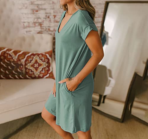 Btfbm Women V-Neck Short Sleeve Summer Dresses 2023 Spring Casual Loose T-Shirt Tunic Short Dress Pajamas With Pockets(Grey Green, X-Large) #TOP3