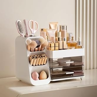 HBlife Makeup Organizer with Brush Holder for Vanity, Large Plastic Bathroom Countertop Organizer Skin Care Storage, Easy to Store Lipsticks, Nail Polishes, Perfumes, Eyeshadow Palettes, White
