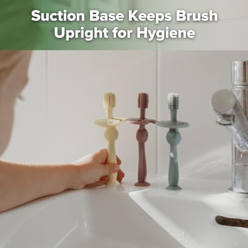 Image of haakaa 360 Baby Toothbrush with Suction Base - Pea Green | Gentle Cleaning for Infants, Gum Massage, BPA-Free, Food-Grade Silicone, Adjustable Safety Shield, Safe for Babies 6 Months+