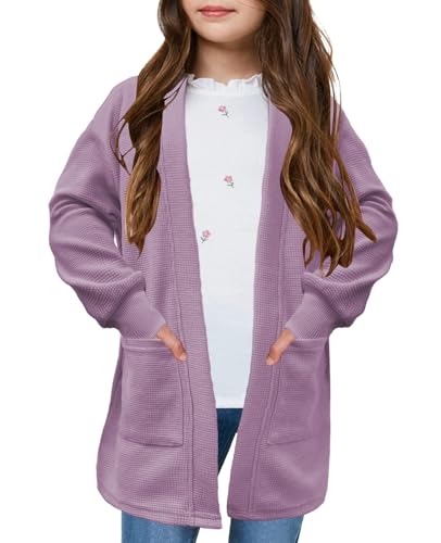 Image of Girls Open Front Cardigan Long Sleeve Casual Fall Winter Loose Knit Sweaters Coat with Pockets