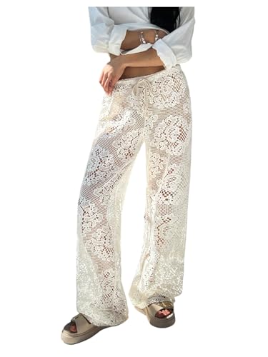 Women's Hollow Out Beach Pants Y2k Crochet Sheer Drawstring Waist Bathing Suit Cover Up Pants