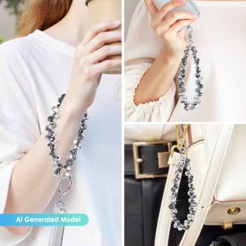Image of TENOC Beaded Phone Wrist Strap, Dark Gray | Cellphone Lanyard Chain, Sparkling Wristlet Bracelet, Comes with Metal Phone Tether Tab, For Women