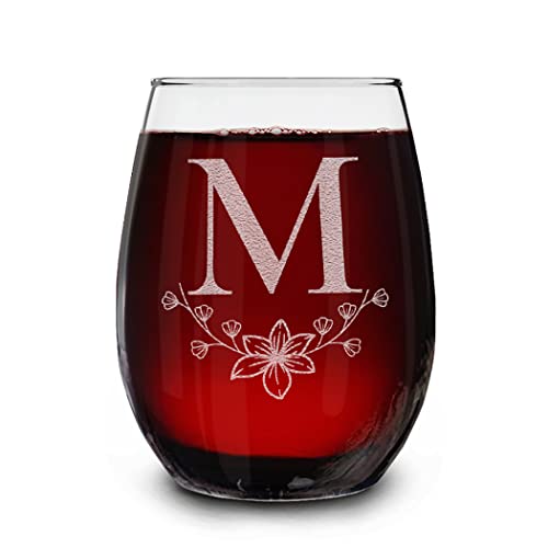 Floral Monogram Engraved Initial Stemless Wine Glass 15 Oz. Personalized Custom Gift (M) #TOP3