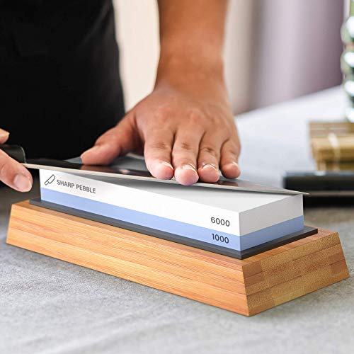 Sharp Pebble Premium Whetstone Knife Sharpening Stone 2 Side Grit 1000/6000 Waterstone With Honing Guide(Chisel Sharpening Jig) - Whetstone Knife Sharpener- Nonslip Bamboo Base & Angle Guide #TOP3