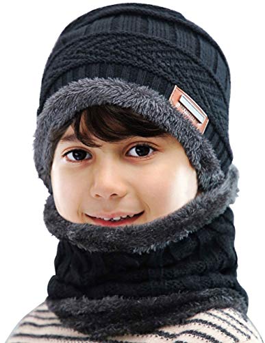 MAYLISACC Winter Hats and Infinity Scarf 2 Pcs Set for Kids Boys 5-12 Years Old Warm Fleece Thick Neck Warmer Black