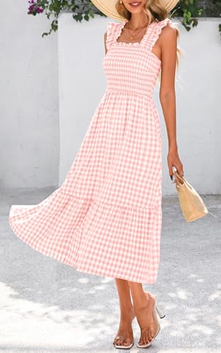 PRETTYGARDEN Womens Summer Dress Casual Square Neck Ruffle Strap Gingham Smocked Midi Flowy A Line Beach Vacation Sun Dresses3