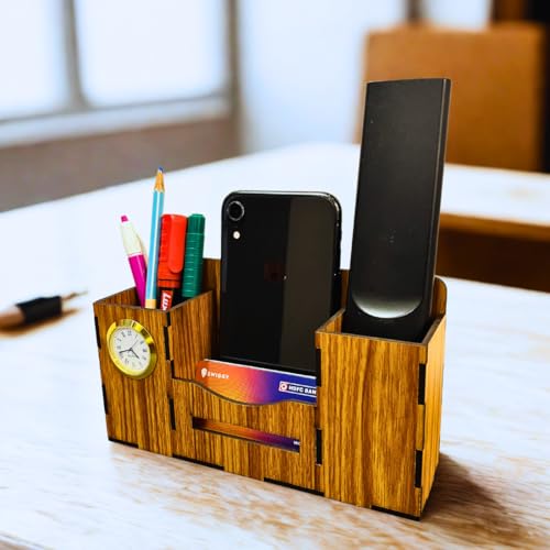 Image of Zesta Wooden Desk Organizer Pen Stand Remote Holder Card Slot | Table Accessory Office Desk Study Room | Pencil Storage Stand Stylish Workspace Decor (Organiser Clock)