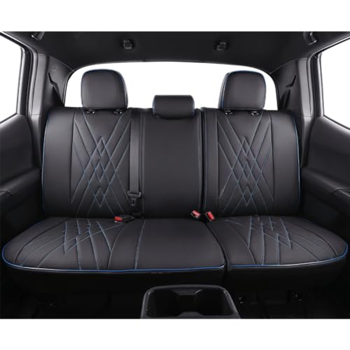 Image of EKR Custom Fit Tacoma Car Seat Covers for Toyota Tacoma 2016 2017 2018 2019 2020 2021 2022 2023 Access Cab -Full Set,Faux Leather(Black with Blue Trim)